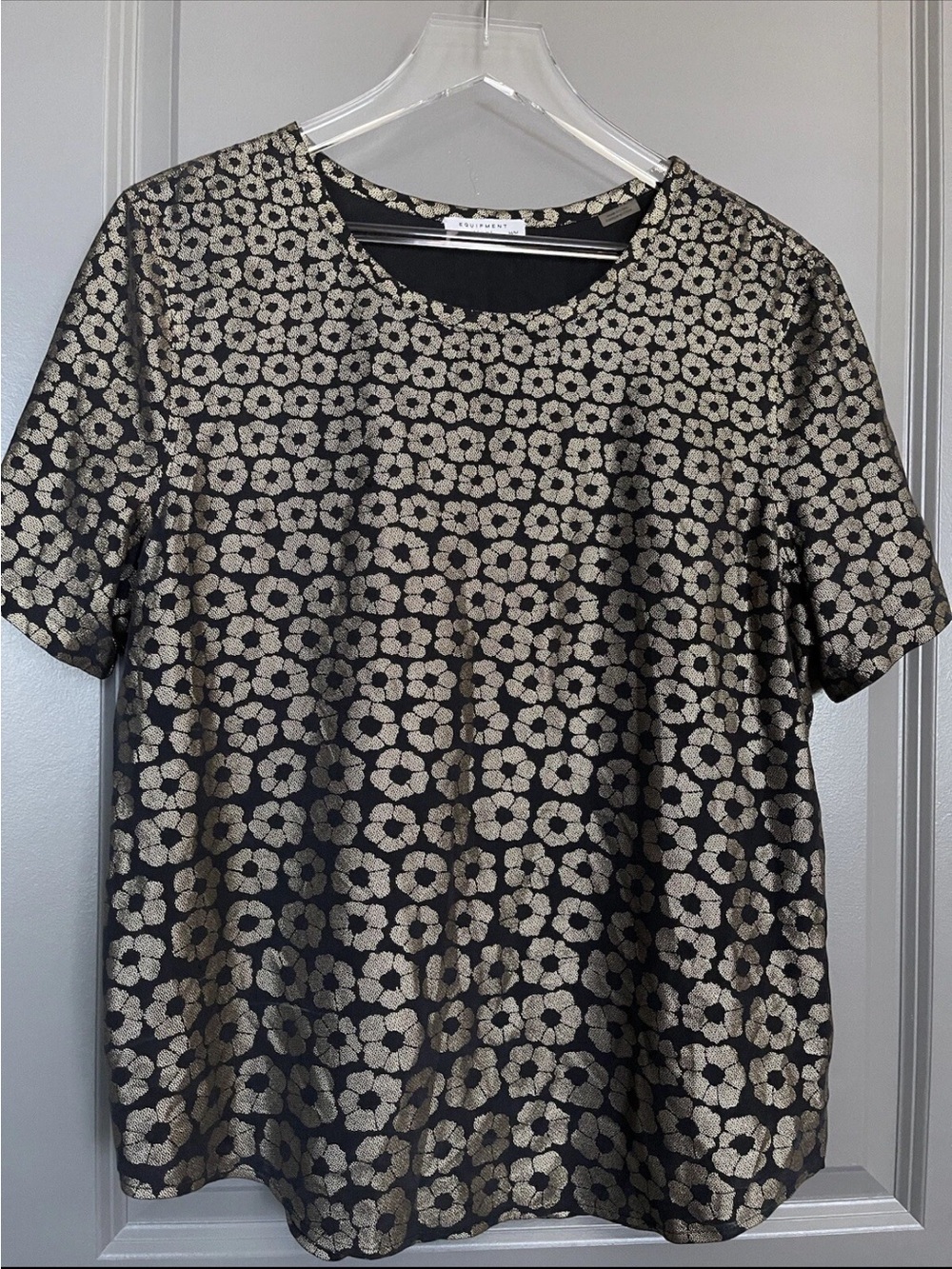Equipment Black Short Sleeve Top with Gold Floral Jacquard